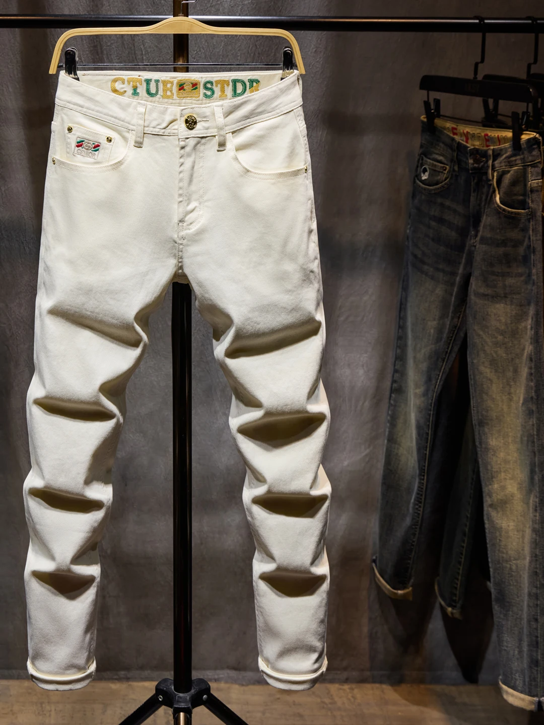 

Slim Fit Men's Denim Jeans mid Waist Cotton Stretch Waed High Street Sle Khaki Casual Long Trousers Autumn Faion