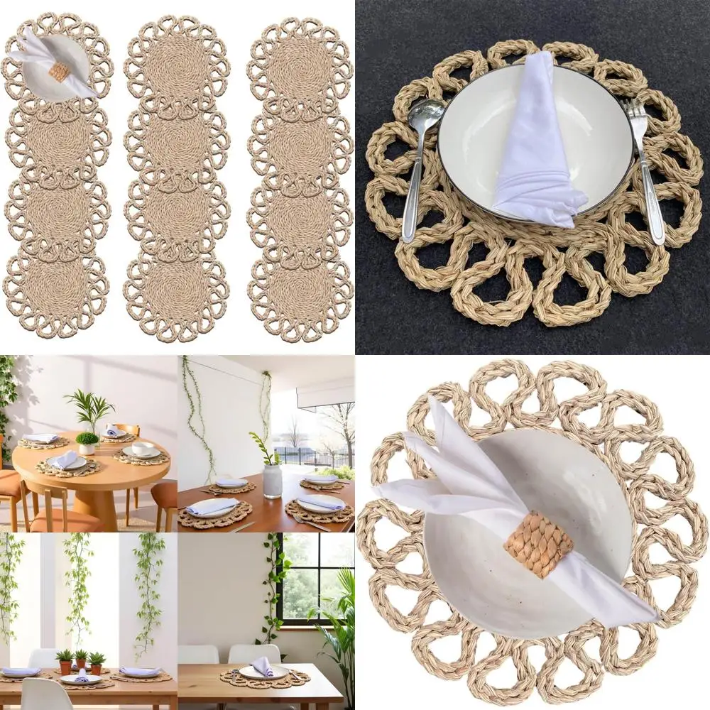 

12 Boho Style Round Seagrass Placemats - Rattan Woven Table Mats for Farmhouse Wicker Spring Decor and Hyacinth Inspired Charger