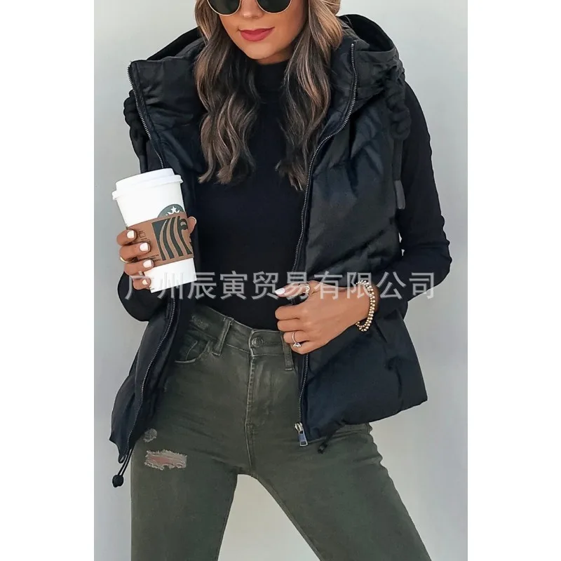 

Women's Loose Thicken Hooded Bread Down Cotton Jacket Autumn/Winter Double Pocket Design Sleeveless Woman Thermal Warm Vest Coat