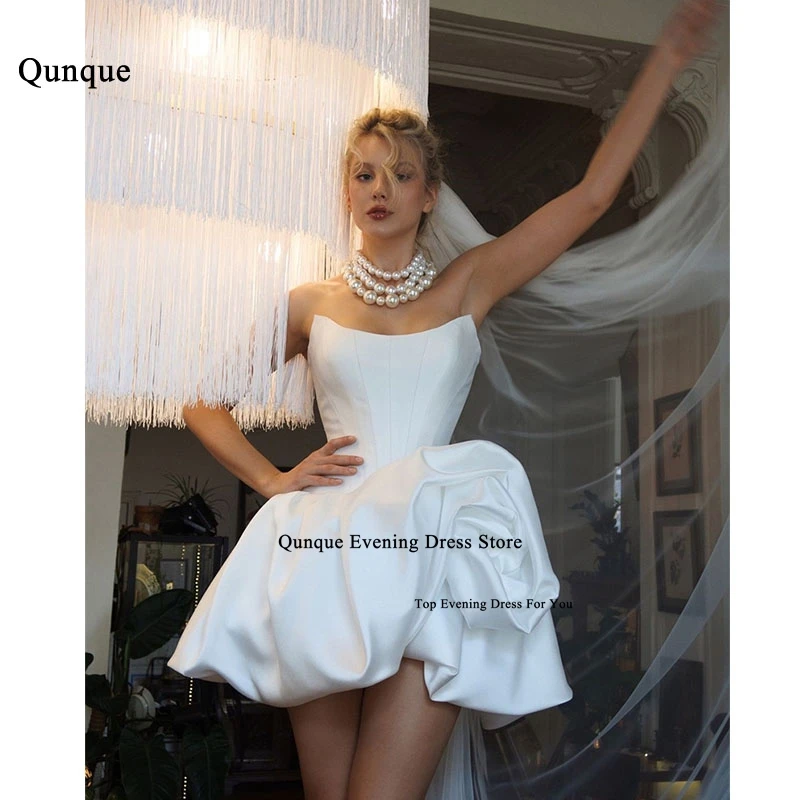 

Qunque Beautiful Satin Wedding Dresses Ball Gown Pleat Off Shoulder Above Knee Bridal Gowns Sleeveless Romantic свадебное платье