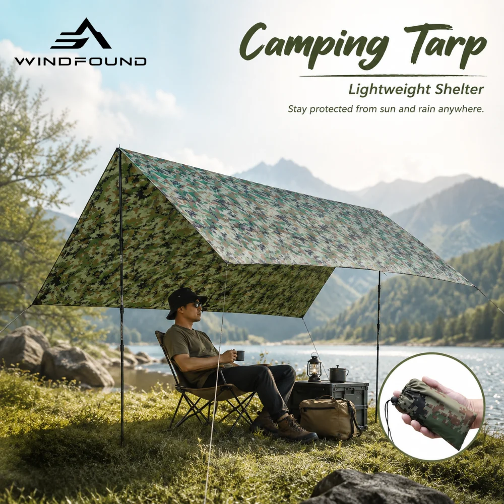 Lightweight Camouflage Camping Tarp Shelter Waterproof Sunshade Tent Hiking Outdoor Survival Canopy for Backpacking Picnic