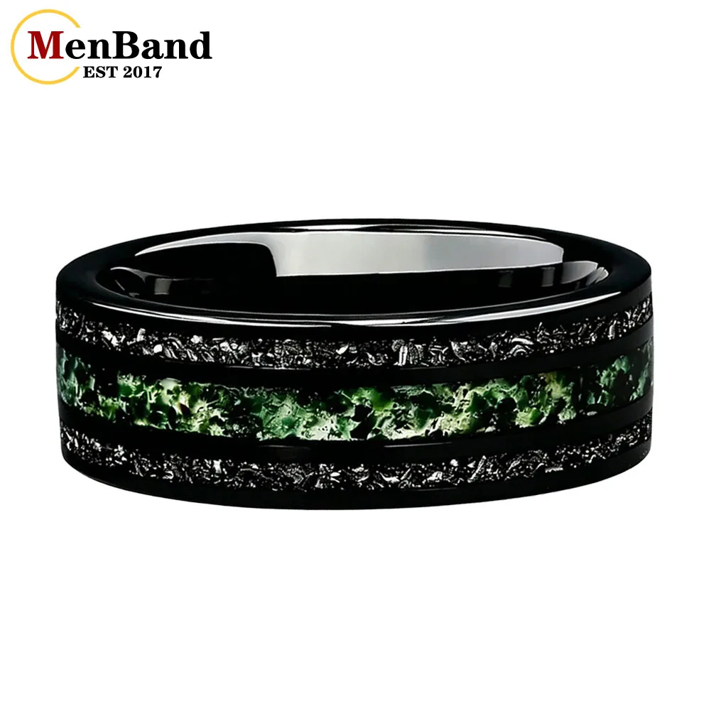 

Dropshipping New Style Moss Agate & Meteorite Silver Tungsten Wedding Ring 8mm Promise Bands Personalized Ring Comfort Fit