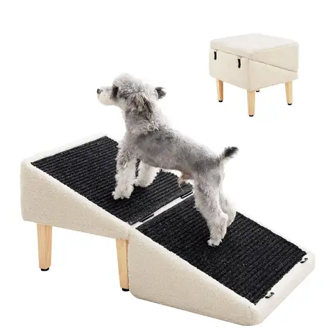 Wooden Pet Ramp Stairs 3-in-1 Dog Cat Climbing Ladder with Storage Box Footstool Portable Indoor Anti-Slip
