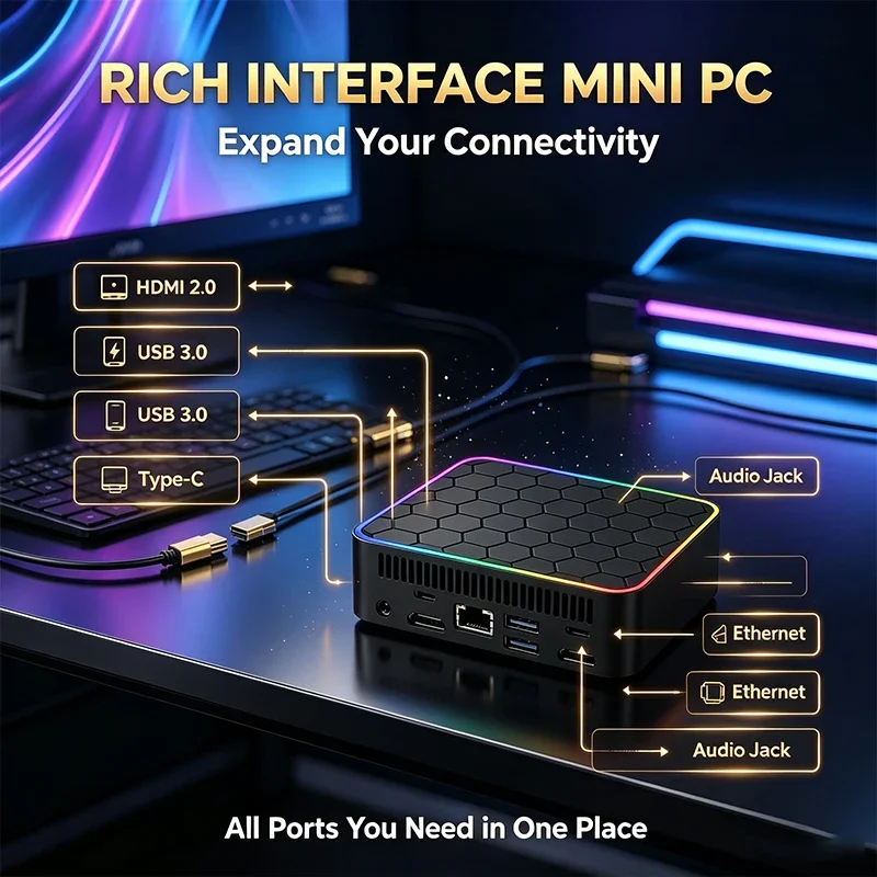 Intel Core N150 Mini PC 16GB RAM+2TB SSD 8 Cores16 Threads HDMI 4K Gigabit WiFi6 BT5.2 Windows 11 RGB Portable Gaming