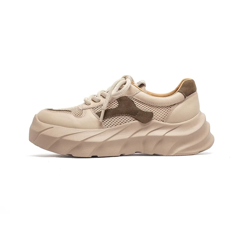 DRKANOL Women Summer Air Mesh Breathable Shoes Lace-Up Genuine Leather Thick Sole Chunky Platform Lightweight Casual Sneakers