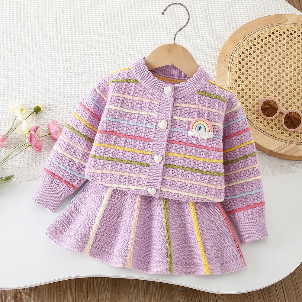 

2pcs Kids Sweater Set 9m-5t New Autumn Winter Cute Rainbow Girls Colorful Stripes Cardigan + Skirt Korean Children Outfits