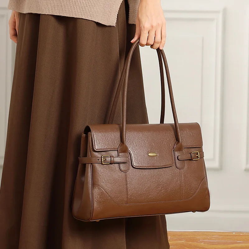 Genuine Leather Large-Capacity Women Handbag Practical Tote Bag Commuter Retro Briefcase Fashion Shoulder Bags 2026 New