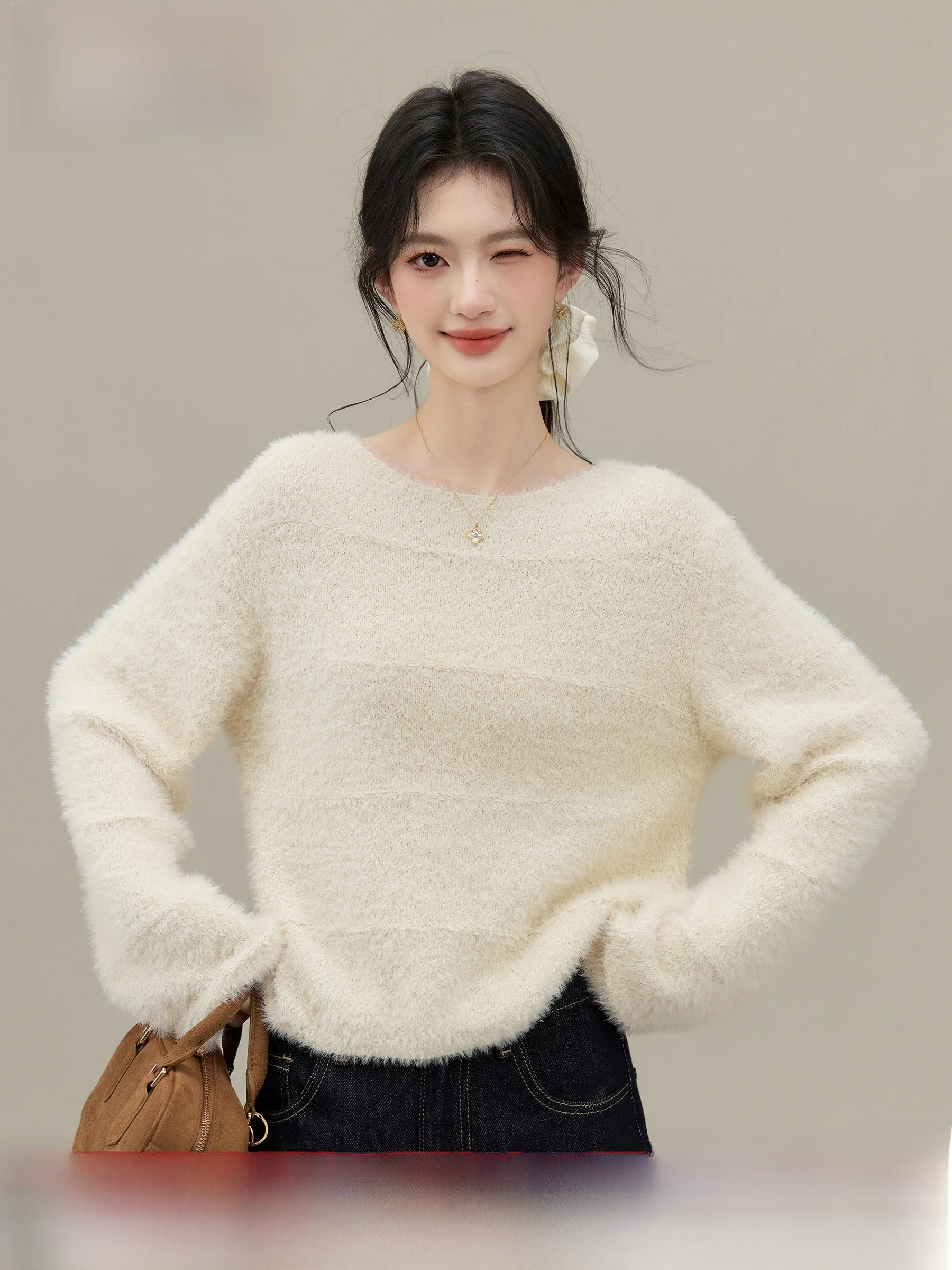 

Женский свитер Lingjiu White Fce Whisper для ранней осени, трикотажный, с рукавами «летучая мышь», повседневный, свободного кроя, с длинными рукавами