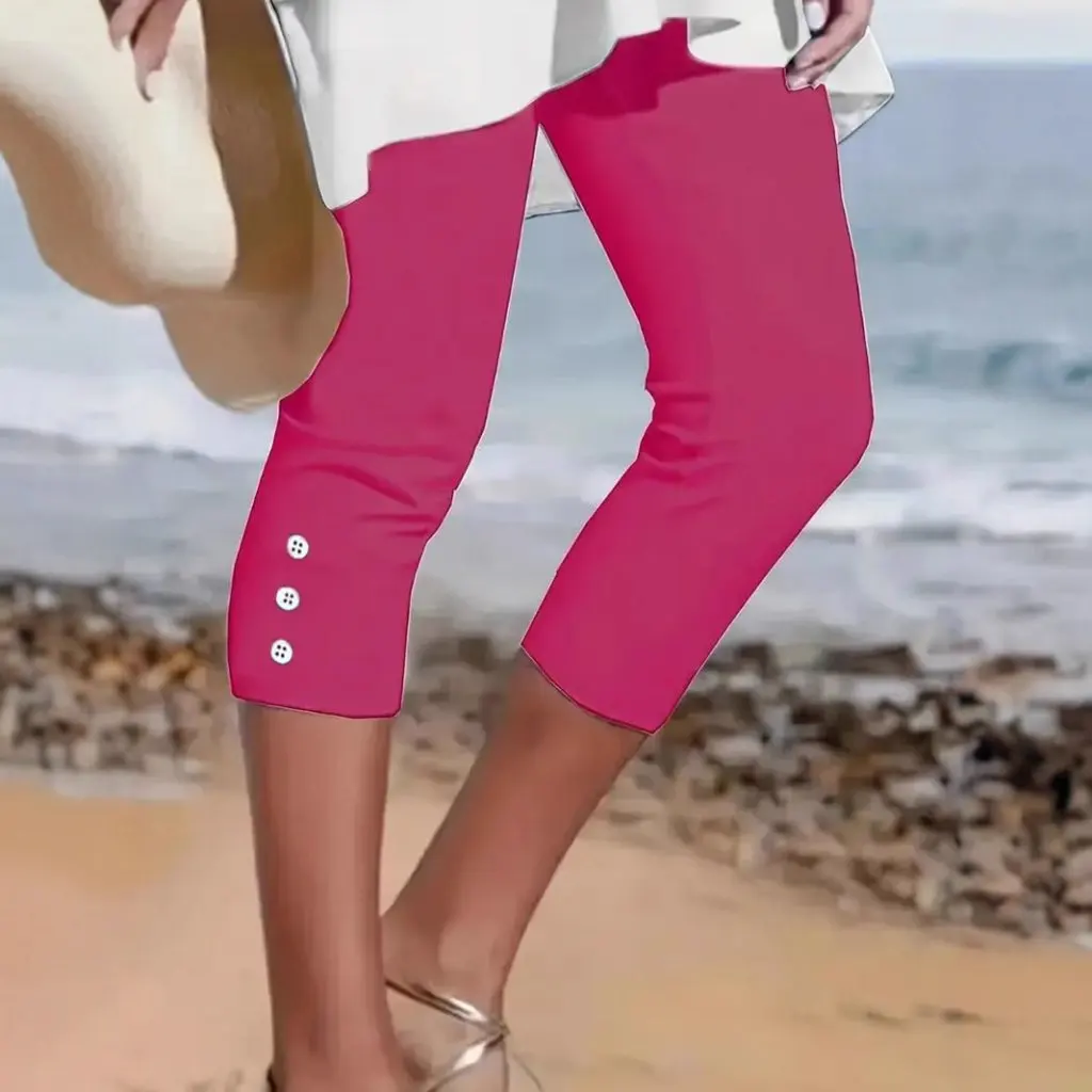 

Elegant Pure Color Capri Pants For Women Machine Washable Elastic Button Design Casual Formal Spring Summer Bottoms
