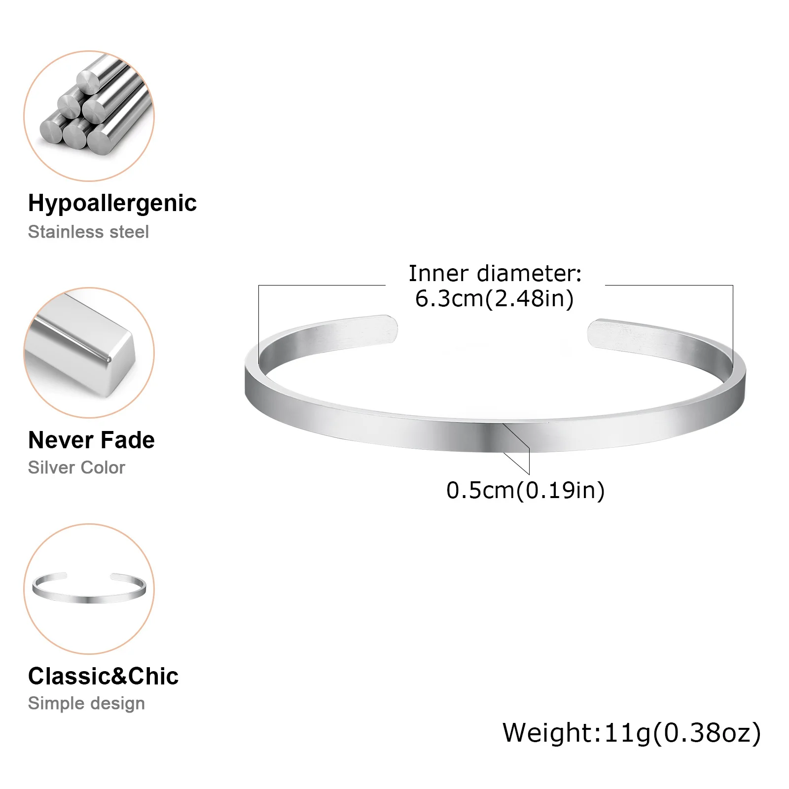 Vnox Simple 3mm-10mm Bangles for Women Men, Classic Glossy Stainless Steel Open Cuff Bracelets, Unisex Plain Wristband image 3