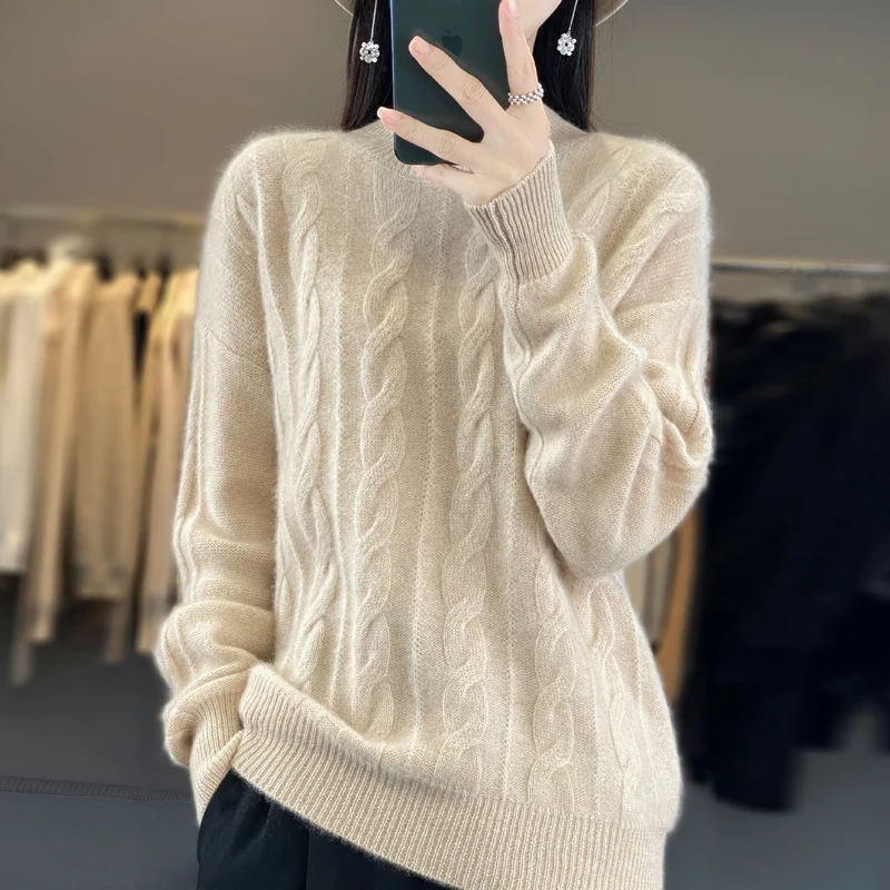 Fall/Winter 2023 New 100% Merino Wool Women\'s Semi-high Neck Solid Color Long Sleeve Sweater Knitted Pullover Leisure