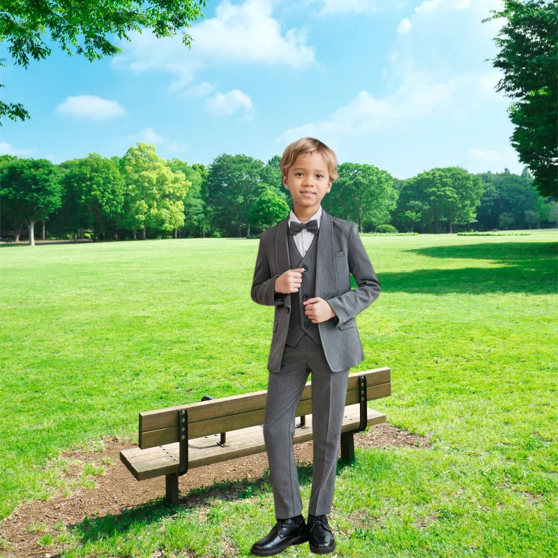 Kids Blazer Set for Piano Hosting Speeches Performances Boys Formal Gray Jacket Vest Pants Bowtie 4Pieces Suit Set for Wedding