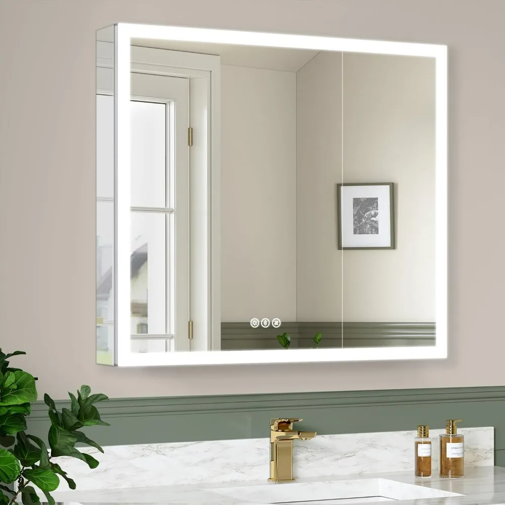 36x32 Inch Bathroom Medicine Cabinet Mirror With Lights Miror Wall Adhesive Mirrors Plug-in or Hardwired 3 Colors/Dimmable/Defog