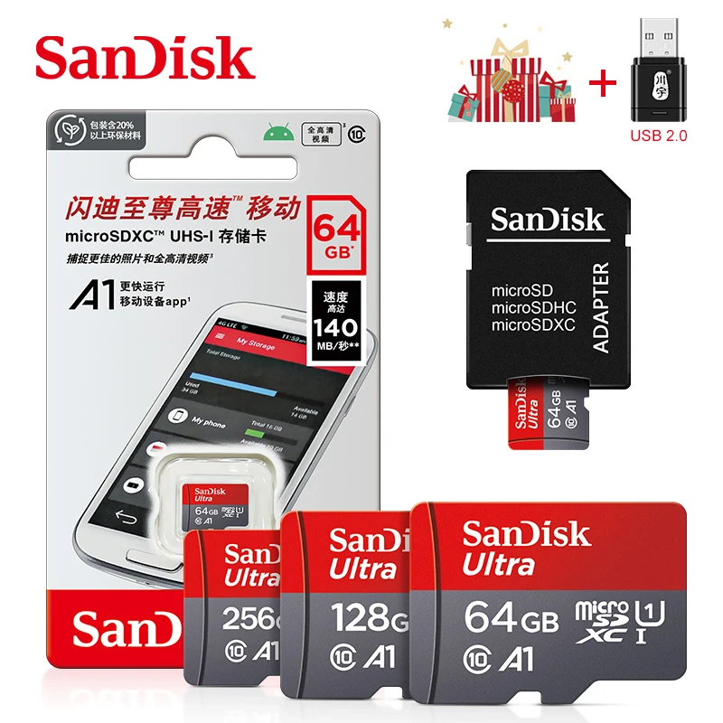 Sandisk Ultra A1 Micro SD Card 128GB 32GB 64GB 256GB Memory Card STF Flash Card Memory Cards 32/64/128GB for Phone + Card Reader