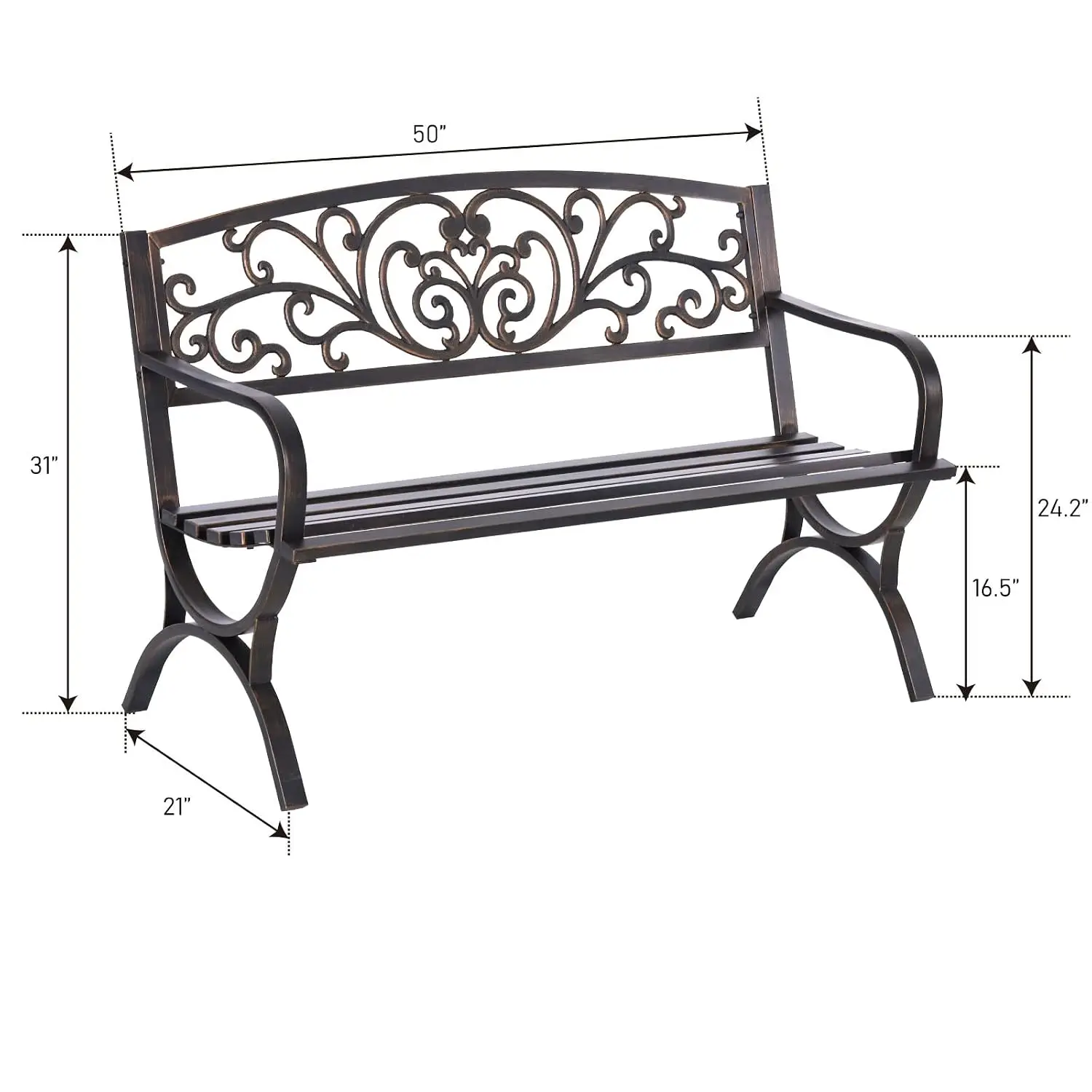 50 Inches Outdoor Garden Bench Cast Iron Metal Frame Floral Bronze, Customized