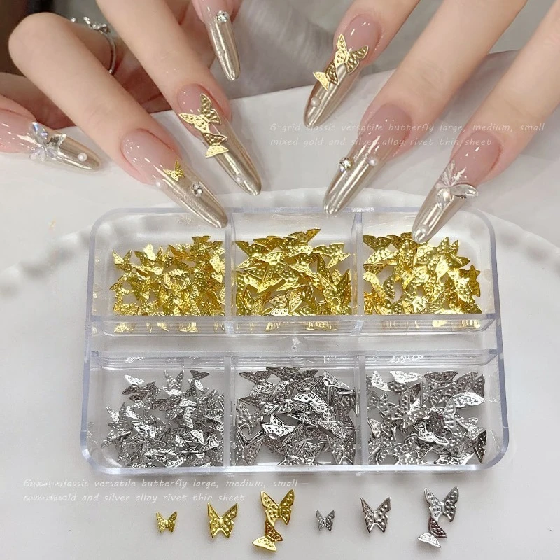 1Set 6 Grids Silver 3D Thin Metal Butterfly Nail Charms Mini Insect Slices DIY Press On Nails Manicure Decor Accessories Kit