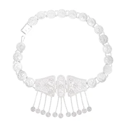 Silver Plated Single Row Coin Long Chain Tassel Pendant Waist Belly Chains Ethnic Carved Chrysanthemum Pattern Body Jewelry
