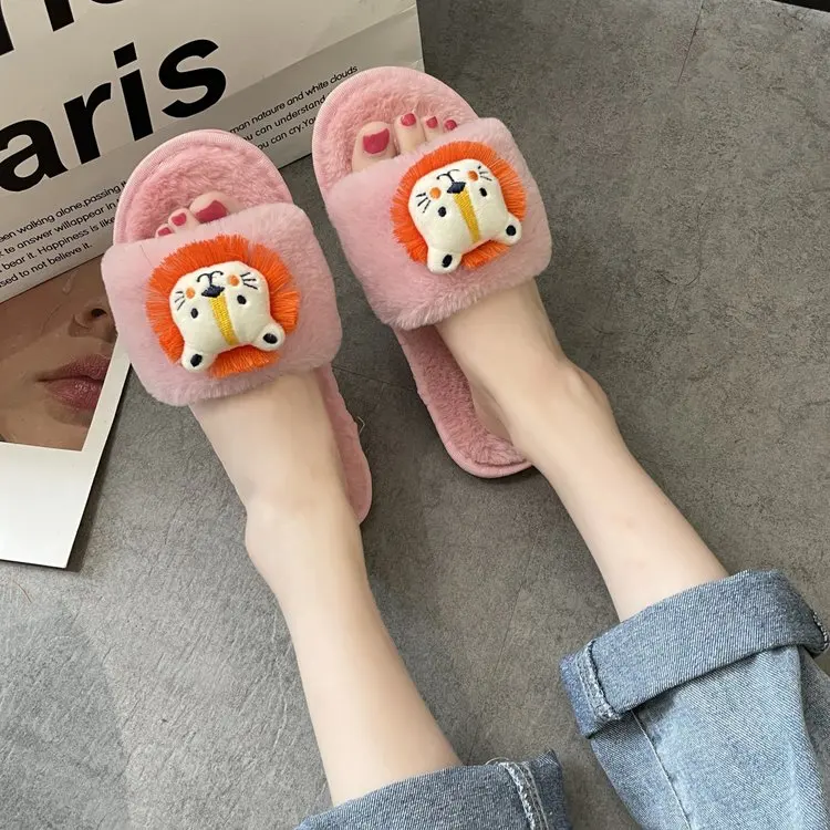 Winter Household Ladies Cotton Slippers Cute Little Lion Decoration Comfortable Slippers Female Furry Slippers Female Slippers
