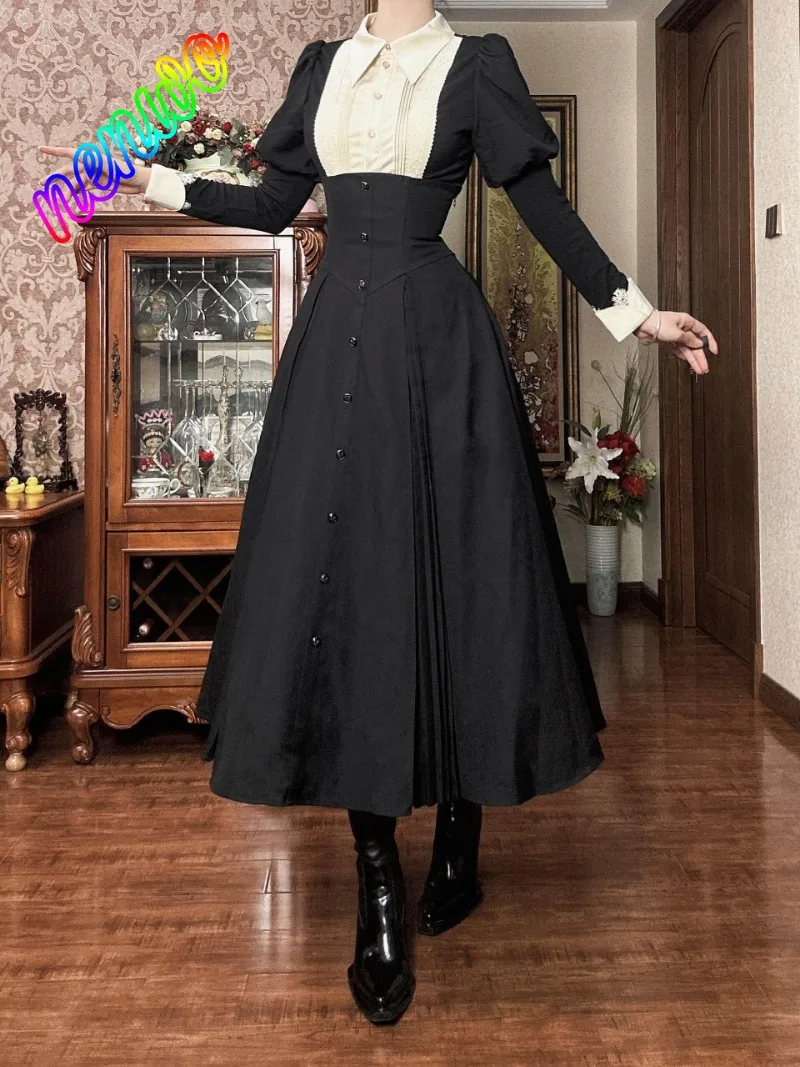 

Весенне-осеннее платье в стиле французской Лолиты, ретро, с длинными рукавами, элегантное, с завышенной талией, расклешенной юбкой, в готическом темном стиле, с кружевом