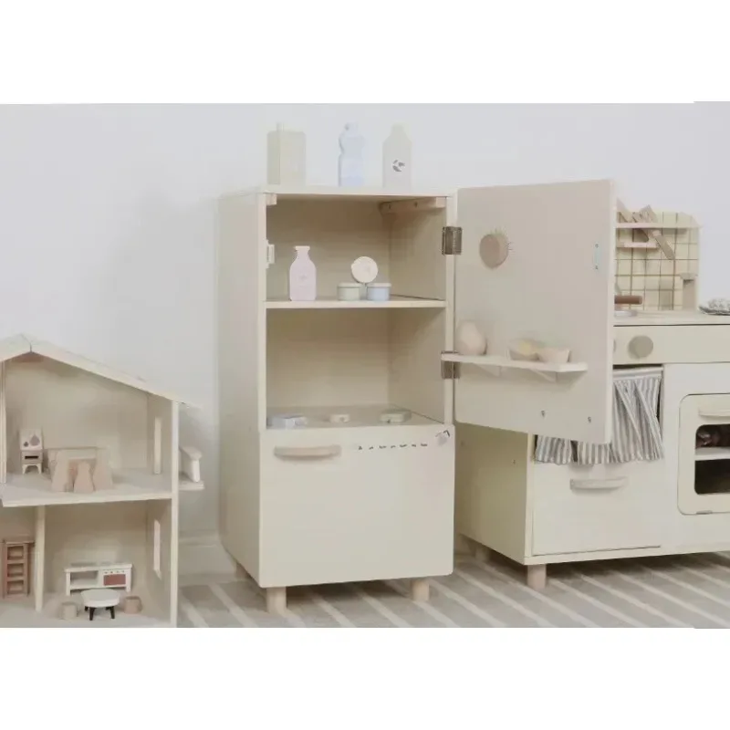 Simuler réfrigérateur maison de jeu jouet autocollant en bois réfrigérateur stockage crème glacée lait oeuf Fruits et jus cadeau interactif