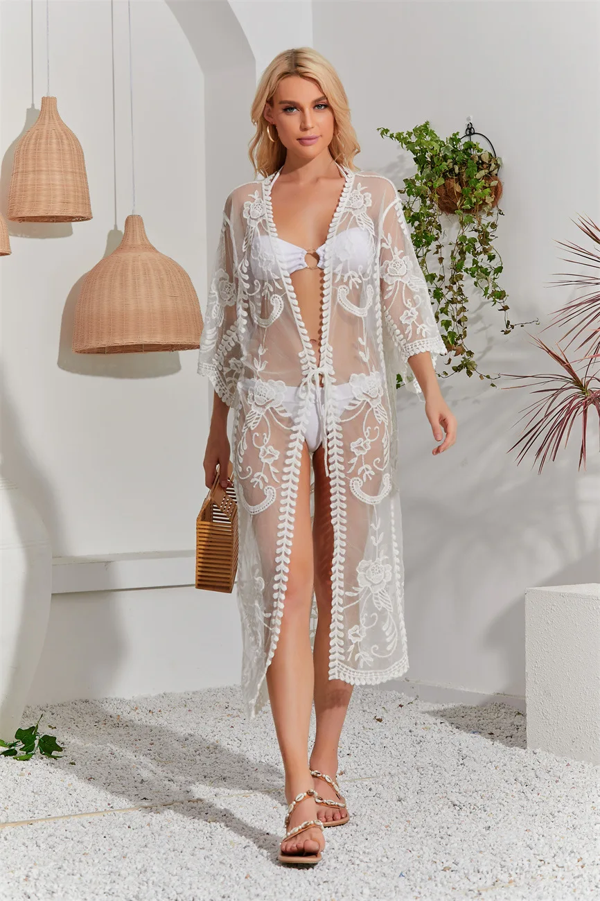 Sexy See-through Women Cardigan Beach Dress Long Bikini Cover-up White Embroidered Flowers Pattern Lace Fringe Beachwear