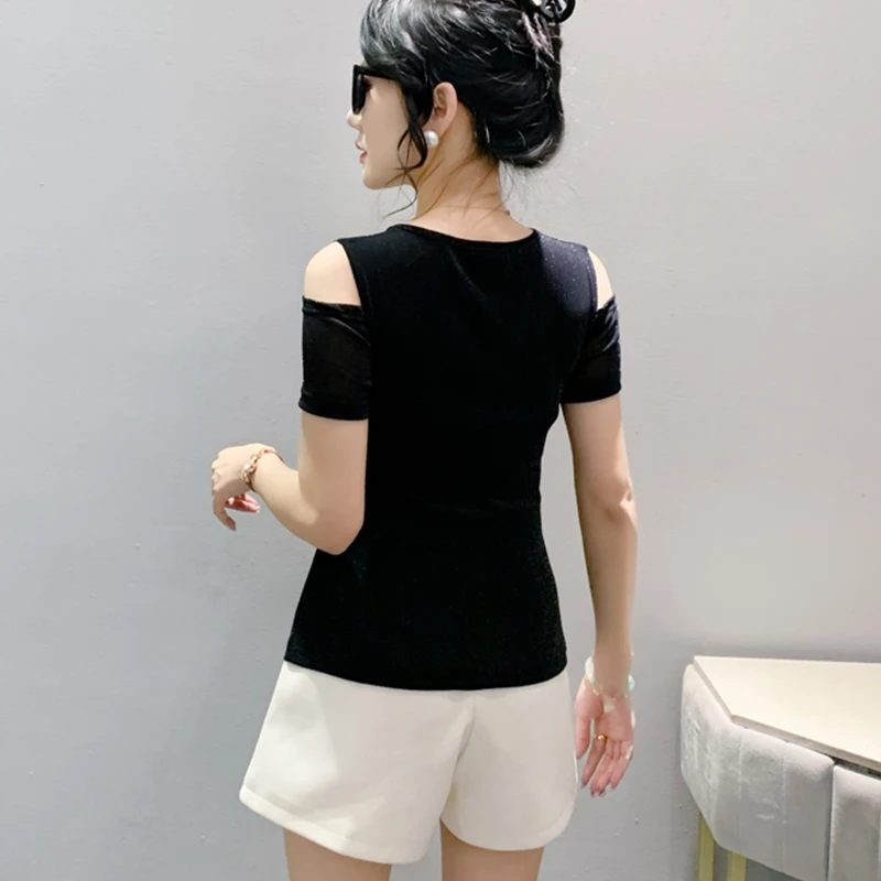 T-Shirt Noir à Manches Courtes et Col en V pour Femme, Vêtement Chic, Sexy, Évidé, Diamants Brillants, Nministériels d Papillon, Style Coréen, Été, 2024, Nouveau, 46040