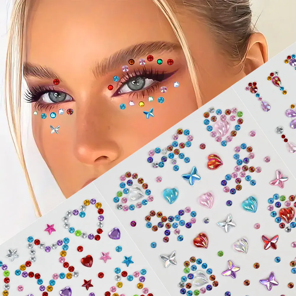 1Pcs 3D Face Diamond Tattoo Sticker Star/Heart/Butterfly Rhinestone Tattoos for Festival Music Body Eye Makeup DIY Decorations &