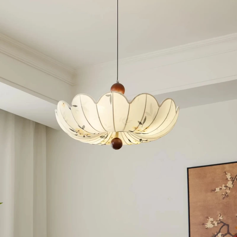 

French Retro Flower Fabric Pendant Light Living Room Master Bedroom Restaurant Kitchen Study Reading Eye Protection Hanging Lamp
