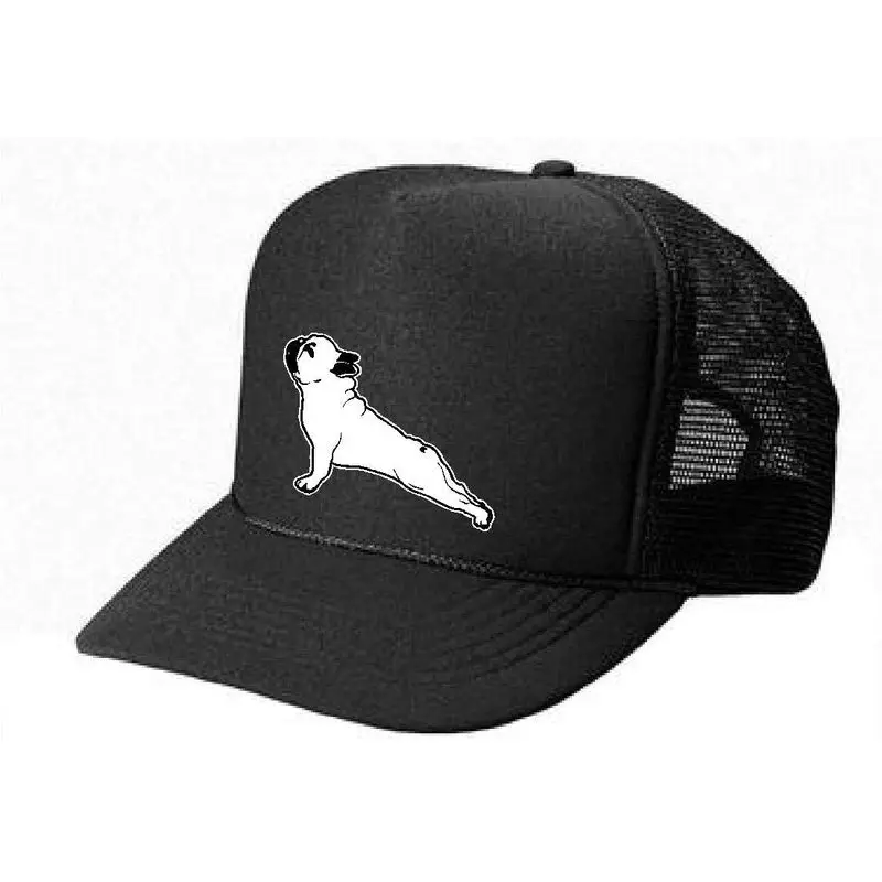 Black Trucker HAT - French Bulldog Stretching Yoga Pose Unisex Size Custom Design Hat