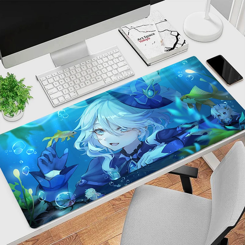 Gaming Mouse Pad, Stitched Edges, Light Blue Anime Girl with Floral Artwork Print, Keyboard Pad for Gamer Home Office Desk Mat