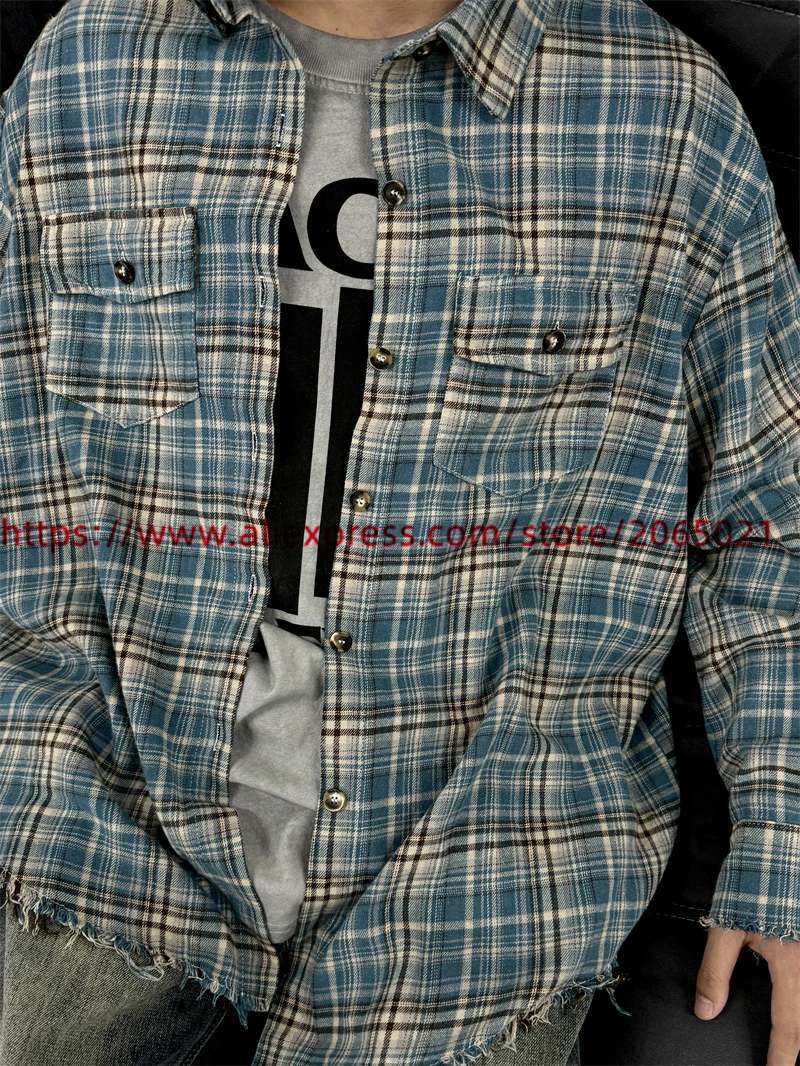 Blue Flannel Cotton Plaid Hem Tassels Handcrafted Shirt Men Women 1:1 High Quality Oversized Shirts Top