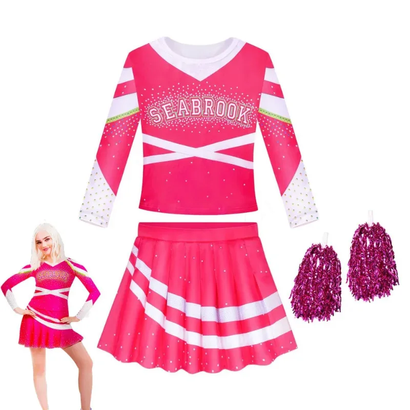 Filme zumbis addison cosplay trajes crianças meninas cheerleader topos e saia com flor bola roupas para festa de halloween