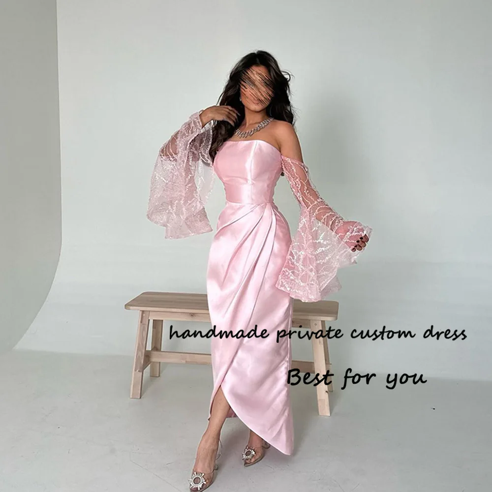 

Pink Satin Mermaid Evening Dresses with Sleeve Strapless Arabic Dubai Prom Party Dress Side Split Ankle Length Formal Gowns