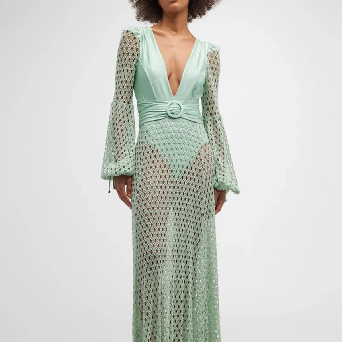 Maillot de bain deux pièces à manches longues et col en V profond, bikini dos nu sexy, jupe en maille creuse, mode de luxe, vêtements de plage,