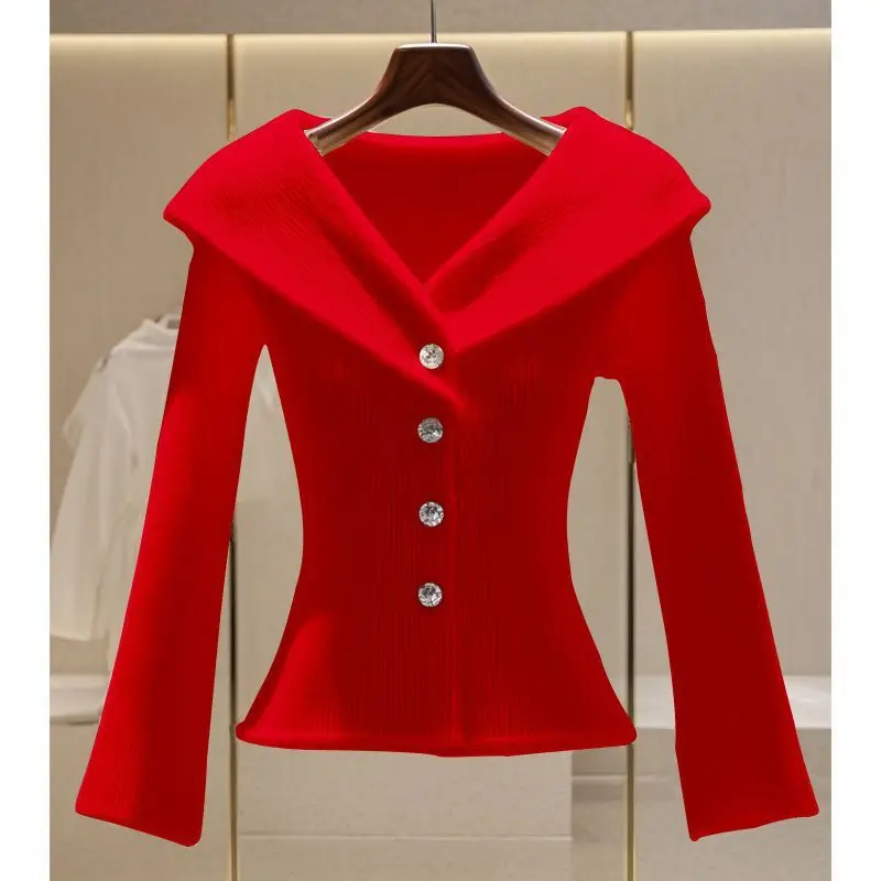 

Spring Autumn Loose Knitted Sweater Ele Casual Ladylike Pure Color Design Sense ort Sve Long Neline Tee-acetate ...