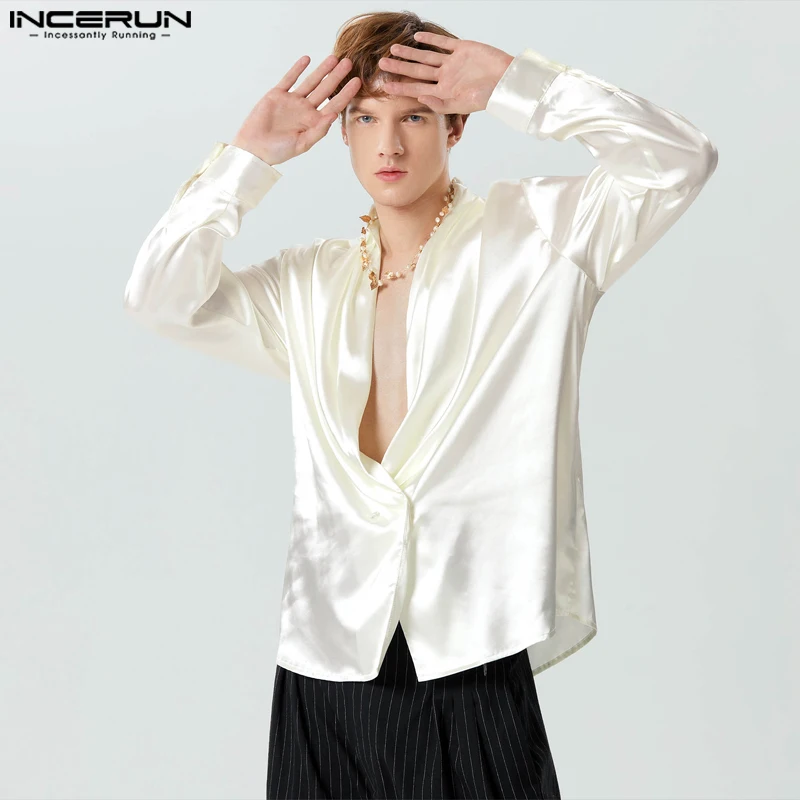 

INCERUN Men Shirt Solid Color Satin V Neck Long Sleeve Button Streetwear Casual Men Clothing Loose 2023 Fashion Camisas S-5XL