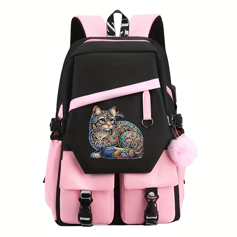 

Студенческий рюкзак T-long с принтом ромбовидного кота — трансформируемый плечевой/рюкзак, отделение для ноутбука, регулируемые ремни, прочный Оксфорд