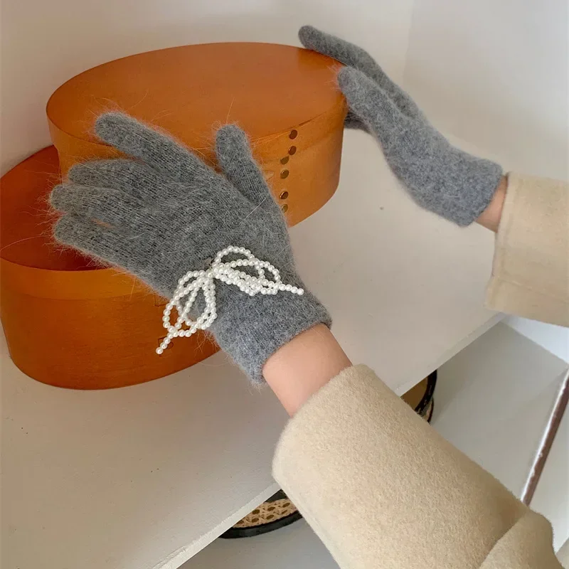 

Korean Style Wool Bow Gloves Women's Wool Knitted Touch Screen Thickened Outdoor Warm Cycling