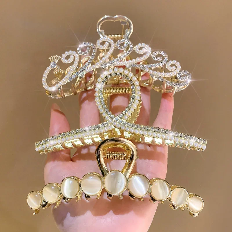 Hair Claw Golden Metal with Rhinestone Pearl Decoration Hair Claw Clip for Women Hair Hold Accessories