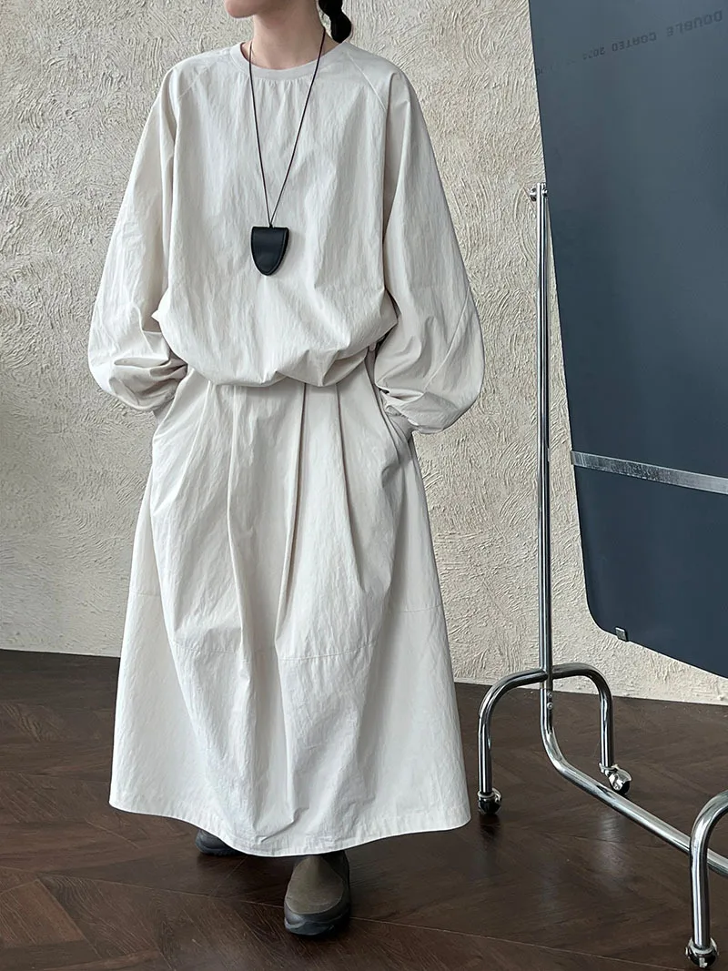 

SuperAen, простой пуловер с круглым вырезом в корейском стиле для женщин, осень 2023, новые повседневные длинные юбки с высокой талией, комплекты из двух предметов