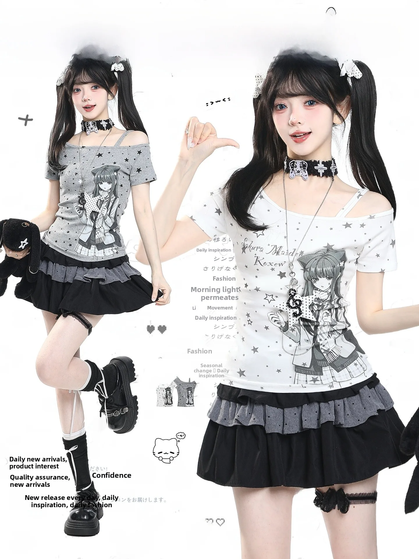 Y2K Japanese Cartoon Anime Print Short Sleeve Slim Fit Summer T-Shirt Women's Casual Style Fashion Design Short Length Top