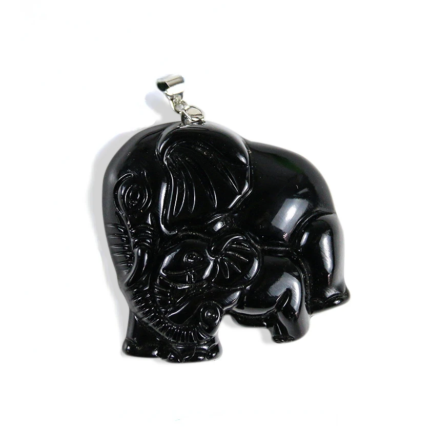 Natural Black Obsidian Lucky Elephant Pendant Crystal Necklace Amulet Yoga Meditation Healing Orgonite Women Men Jewelry Gift