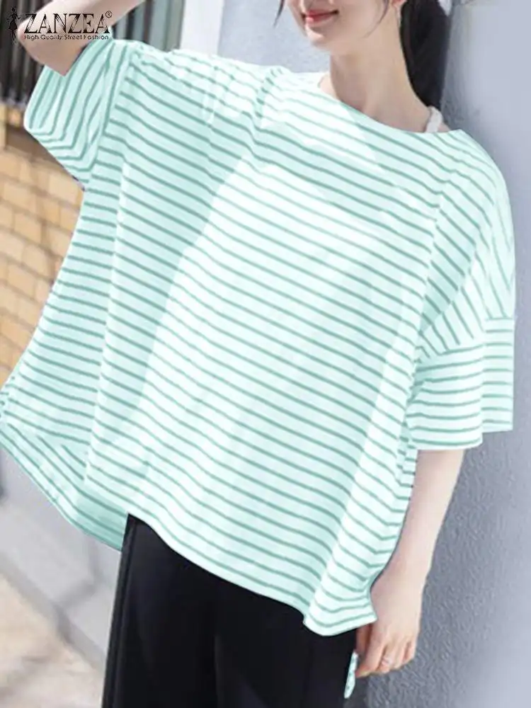 

2024 ZANZEA Women O Neck Half Sleeve Tops Casual Loose Striped Blouse Summer Fashion Work Blusas Female Holiday Shirt Oversize