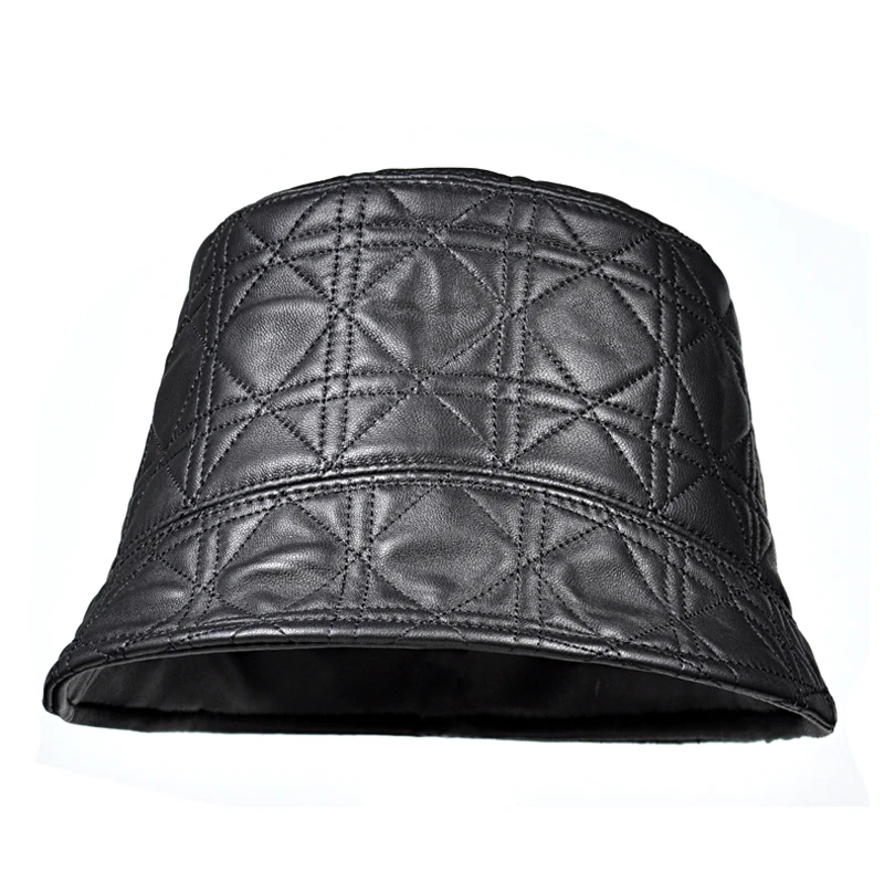 Chic Leather Fisherman Hat For Women Men Real Skin Checkered Embroidery Neutral Basin Caps Korean Plaid Winter Casquette Street