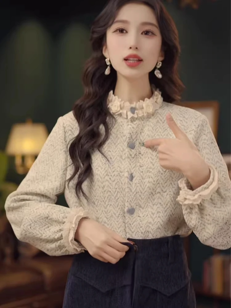 

Retro Hong Kong Sle Long Sve Lace Patchwork Thiened Women's irt Spring 2026 Faionable Beautiful Casual Sle Loose...