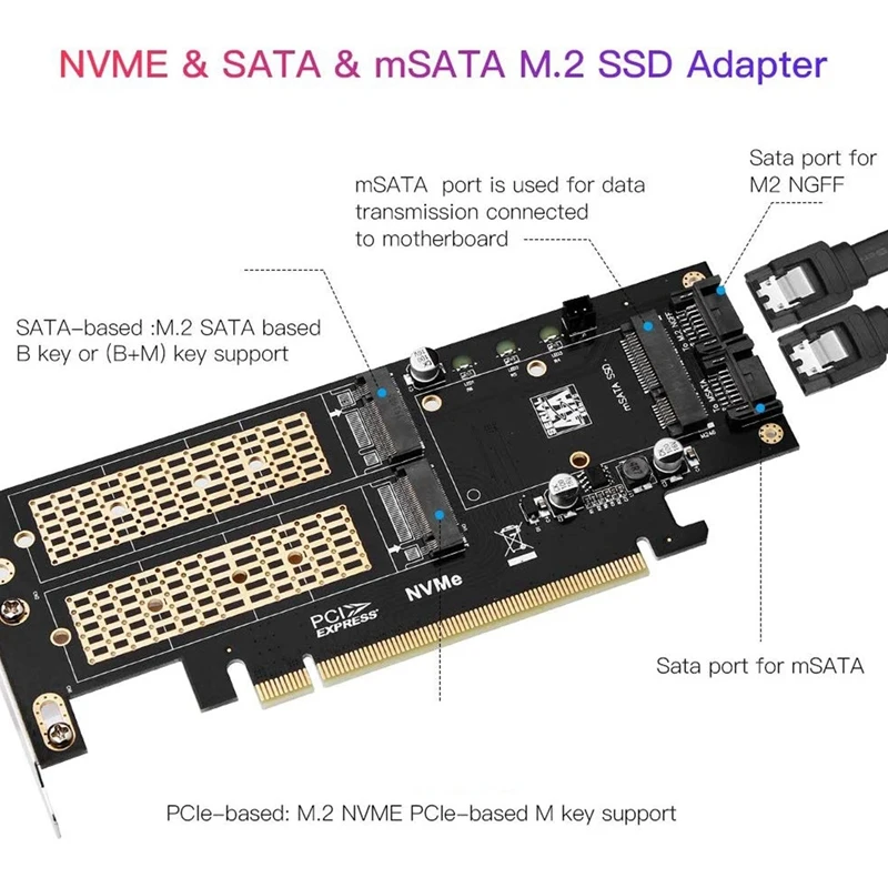 TTKK kartu adaptor SSD 3 dalam 1, NVME ke Pcie 16X/M.2 SATA SSD ke SATA III ke konverter SATA + 2 kabel SATA