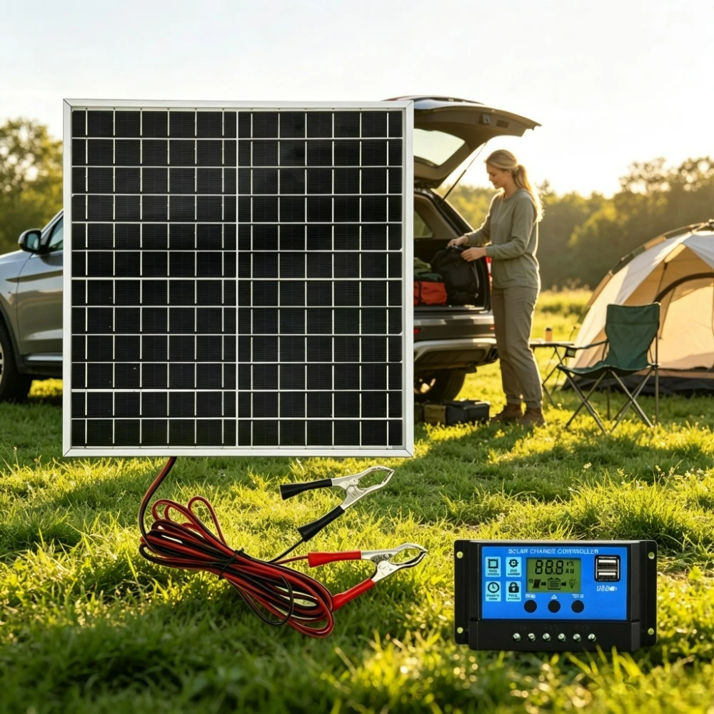 12W Lightweight Outdoor Off Grid Solar Panel Monocrystalline Type 12V LCD Solar Controller Aluminum Shell Alligator Lead Wires