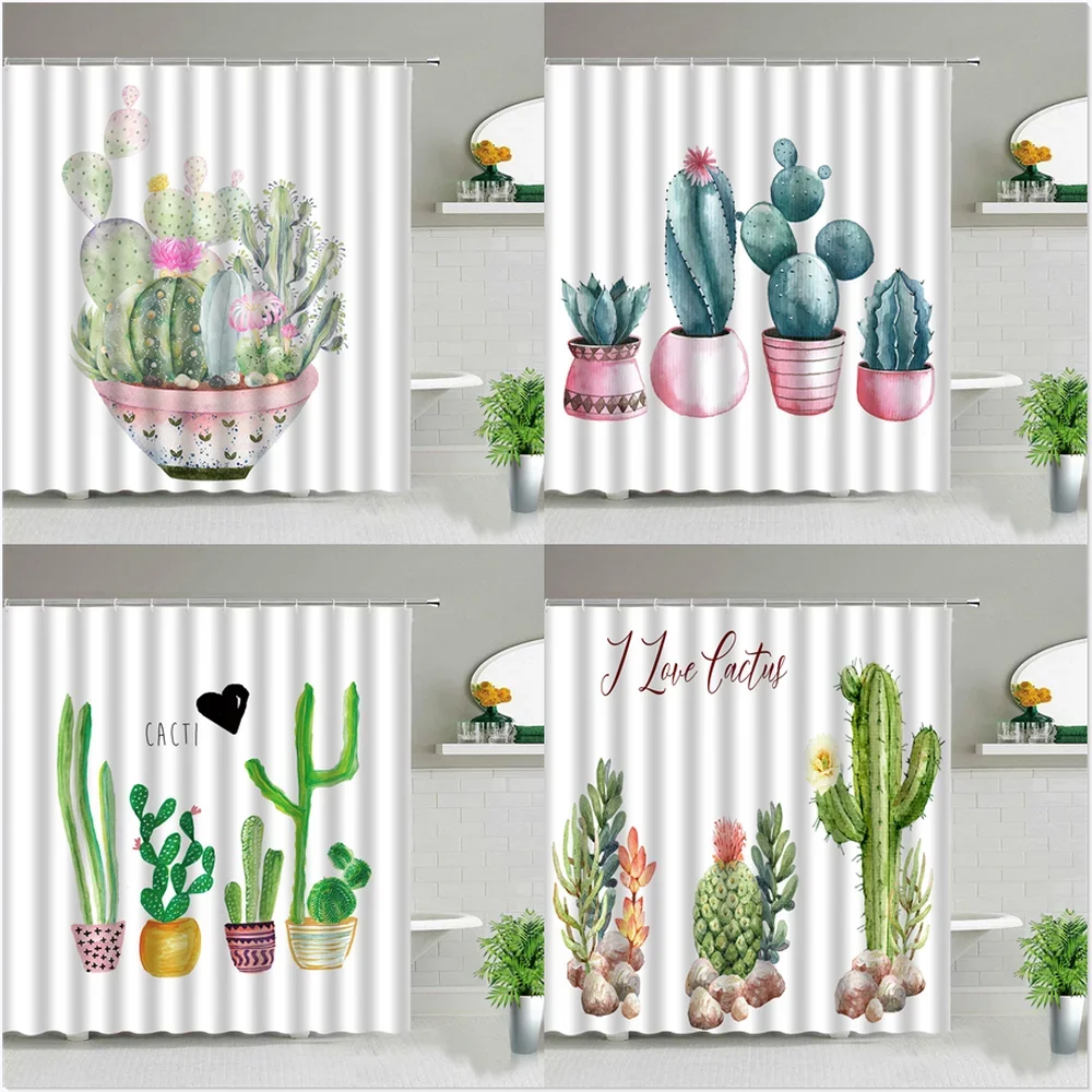 Hower Curtains of Textile Water Color Cactus Flower Tropical Plants Colorful Succulents Pattern Bathroom Shower Curtain Set