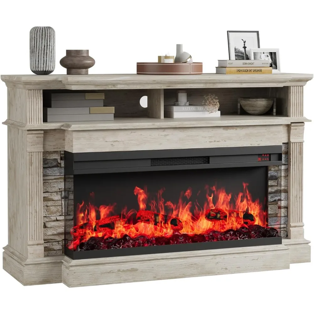 Fireplace TV Stand for TVs Up To 65",with 36" 3Side Glass Electric Fireplace,withOpen Storage Shelves for Living Room,TV Console