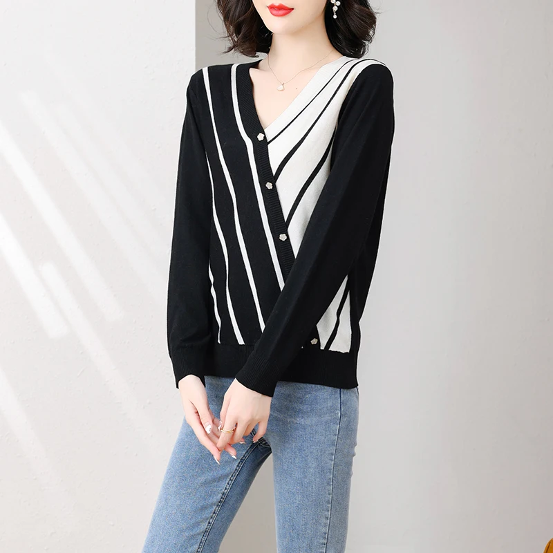 2022 New Arrival Women's Wool Blouse Spring V-Neck Knitwear Ladies Fashion Stripes Knit Tops Long Sleeve